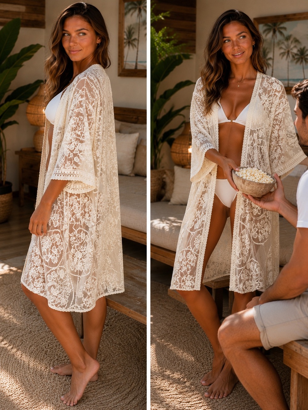 Love on a Hanger Cream Lace Kimono Cover Up XS/S Floral Boho Beach Swim - Picture 2 of 2